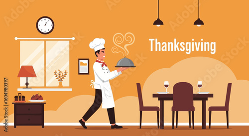 Chef Serving A Delicious Thanksgiving Dinner At Home For Celebration