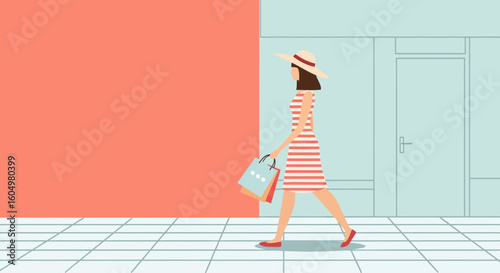 Chic Shopper Strolling Down City Street With Bags On Fashion Spree