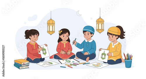 Children Celebrate Ramadan Drawing Lanterns Together With Joyful Exuberance
