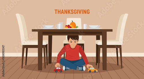 Child's Playful Thanksgiving Awaiting Feast With Toy Cars Under Dinner Table