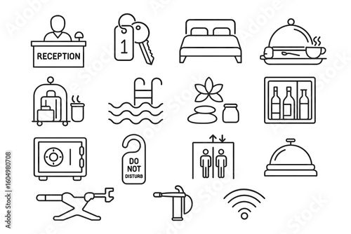 Hotel amenities icons set featuring pool, bed, safe, and room service elements