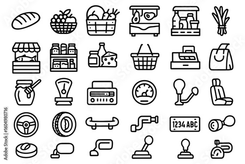 Outline icons of shopping, groceries, market, and automotive elements