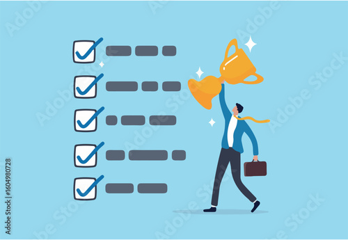 Habits or routine to success, checklist or factors to succeed and achieve goal, winner progress, planning, procedure or process concept, success businessman holding winner trophy with habit checklist.