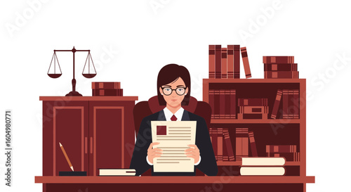 Competent Lawyer Examining Documents At Her Desk With Books And Scale