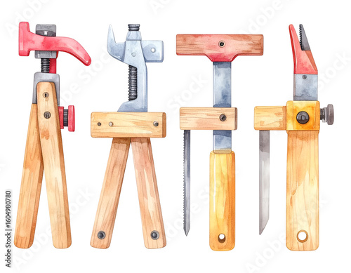 Watercolor Painting of Vintage Tools on Wooden Stands