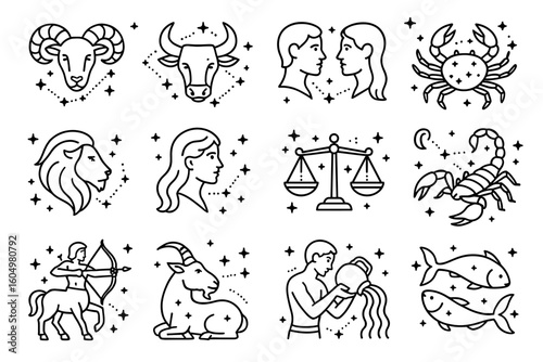Zodiac signs illustrations: aries taurus gemini cancer leo virgo libra scorpio sagittarius capricorn aquarius pisces