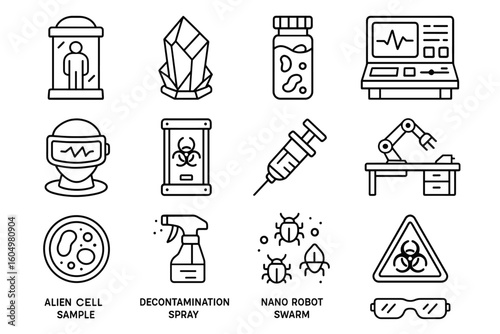 Futuristic science icons: laboratory tools, biohazard signs, and robotics