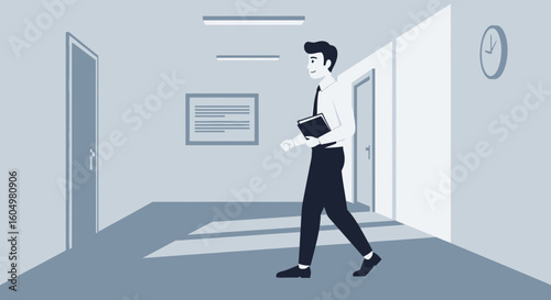 Confident Businessman Walking Office Corridor Holding Report At Work
