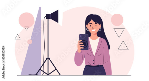 Confident Woman Capturing A Selfie In A Modern Studio Setting With Professional Lighting
