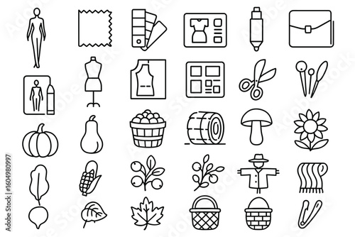 Craft and harvest icons: sewing, autumn, and nature outline collection