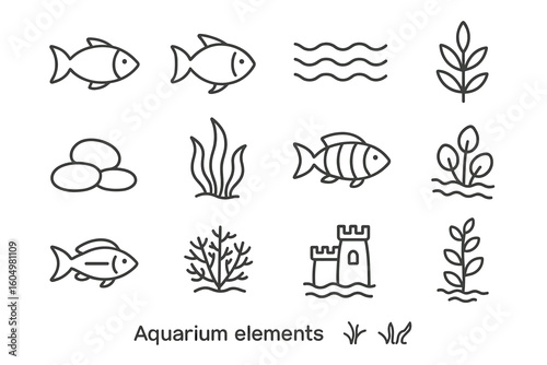 Aquarium elements outline: fish, waves, plants, and castle icon set