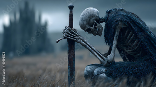 Image of the Skeleton Knight Kneeling in a Desolate Field Holding a Rusty Sword with a Dark Fortress