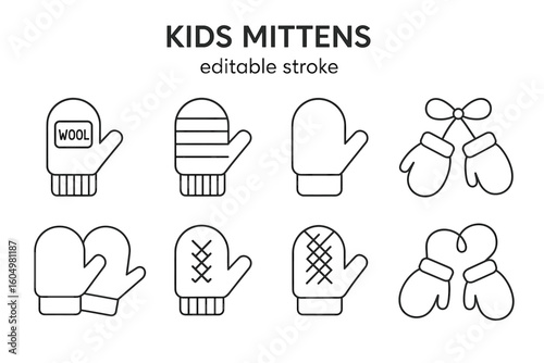 Kids mittens icon set: wool, stripes, patterns, and bow designs