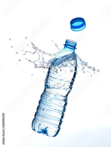 Clear liquid splashing from open bottle with blue cap water