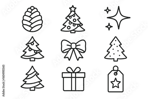Set of christmas icons: trees, gifts, and holiday decorations in line art style