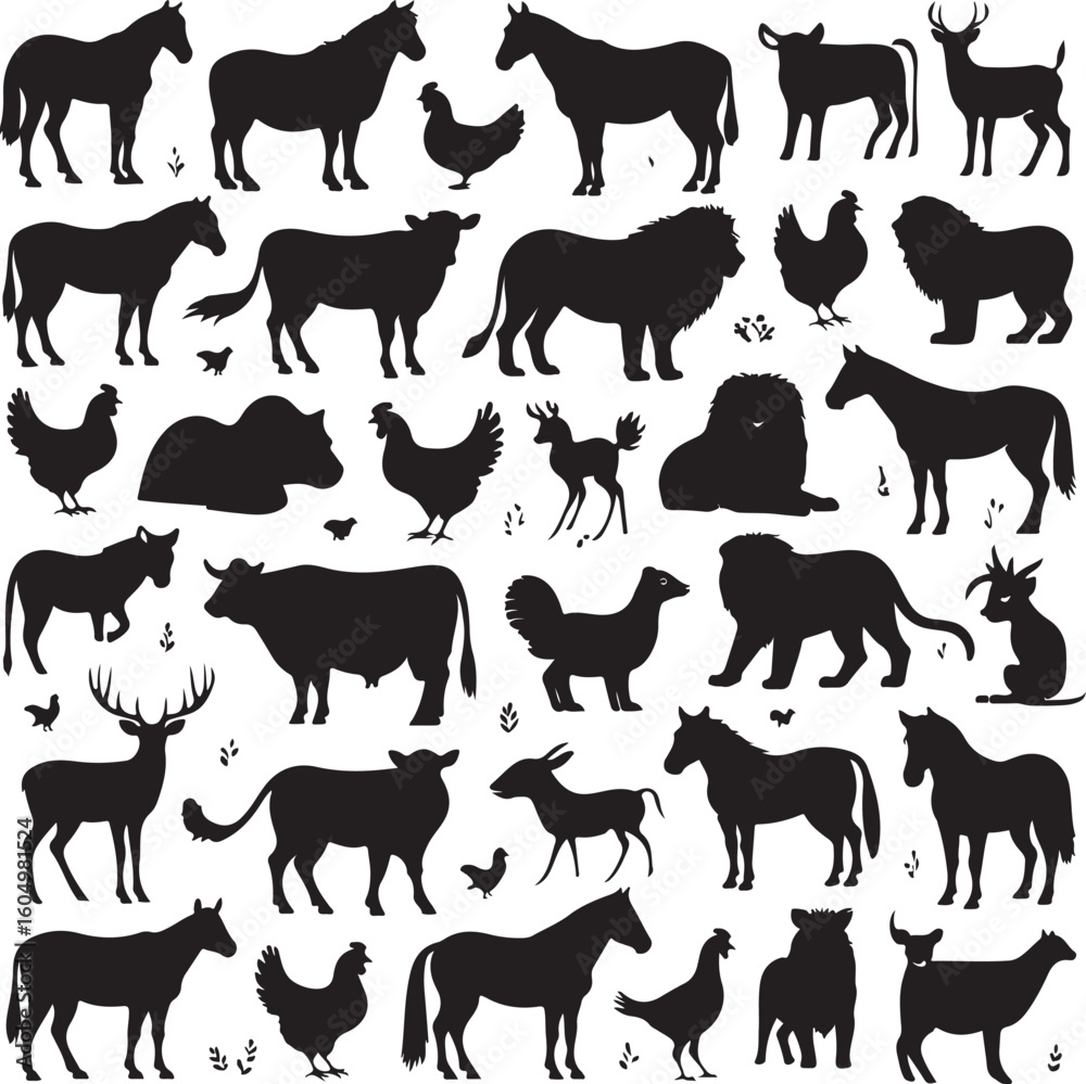 Diverse farm and wild animals silhouettes horse chicken Diverse farm and wild animals silhouettes horse chicken