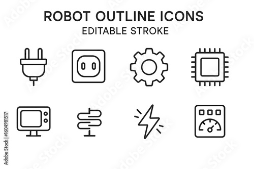 Robot outline icons: technology elements with editable stroke