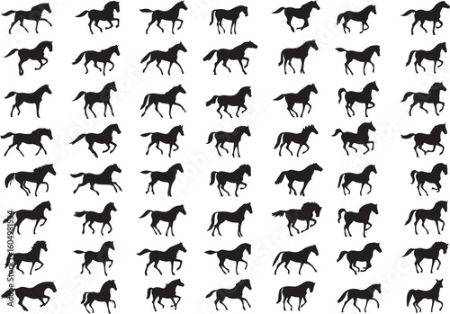 Black horse silhouettes in various running poses motion