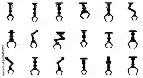 Collection of Diverse Industrial Robot Gripper Designs for Automation and Manufacturing Applications Featuring Mechanical Claws and Robotic Arms