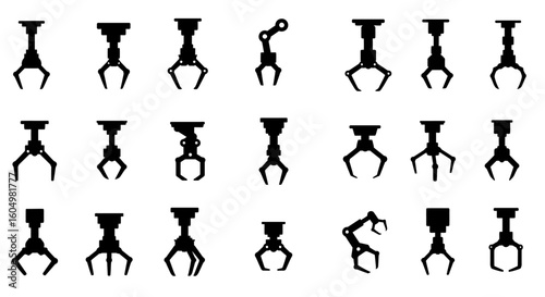 Collection of Robotic Gripper Silhouettes Demonstrating Diverse Actuator Designs and End Effector Configurations for Industrial Automation Applications