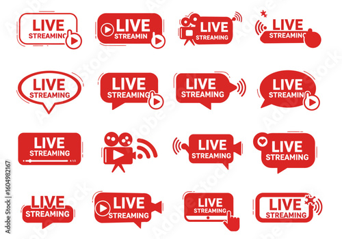 Collection of twelve red LIVE STREAMING icons and badges with play buttons and video camera graphics presented on a white background representing online broadcast and video content creation tools