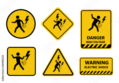 Illustrations of various electrical hazard warning signs depicting people receiving electric shocks from lightning bolts and high voltage sources signifying danger and caution