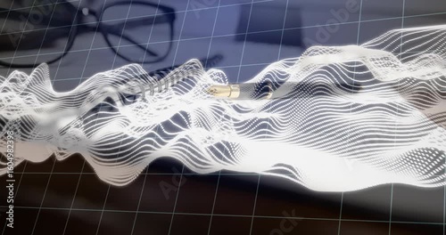Wireframe grid emerging on desk waveform rising and flowing over pen by glasses visualizing audio