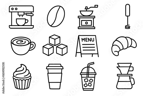 Coffee and bakery icons: espresso machine, cup, grinder, croissant, menu, cupcake