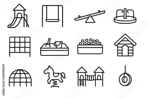 Playground equipment icons: slide swing seesaw sandbox house
