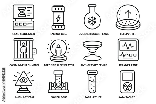 Futuristic scientific equipment icons set featuring technological gadgets and tools