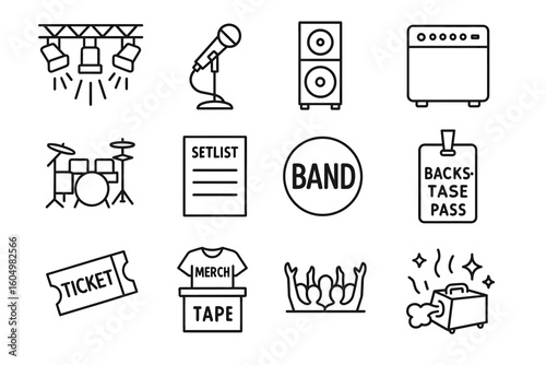Concert elements: microphone, drums, amplifier, and merch icon set