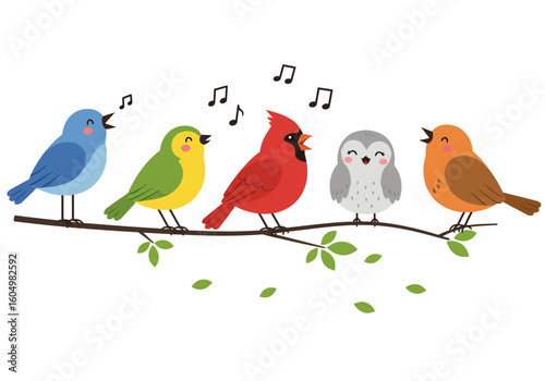A Colorful Ensemble of Birds Harmonizing Together on a Branch with Musical Notes Above Their Heads Creating a Cheerful Symphony of Nature