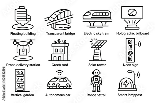 Innovative urban concepts: floating building, autonomous car, robot patrol, and more future designs