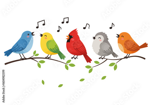 A Colorful Chorus of Five Happy Birds Singing Melodies Together on a Branch with Musical Notes Floating Around Them