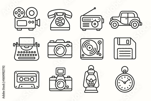 Outline icons of vintage gadgets: camera, typewriter, rotary phone, radio