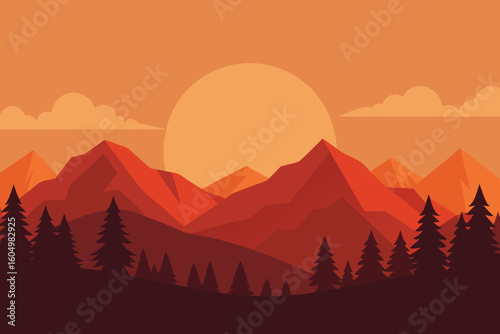 Sunset Mountain Landscape Vector Illustration, Forest Trees, Orange Sky, Nature Scene