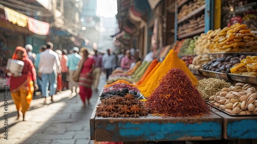 Vibrant indian spice market stall displaying saffron spices pistachios and dried fruits with blurred figures and street scenes