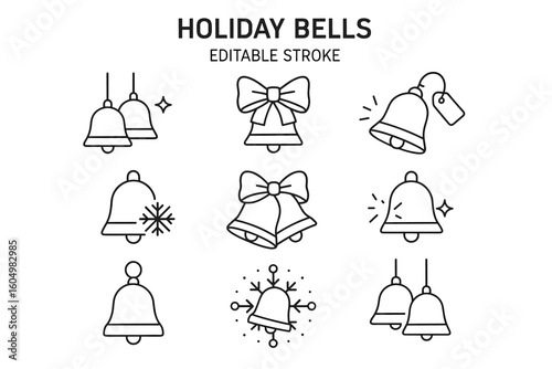 Holiday bells collection with editable stroke for festive designs