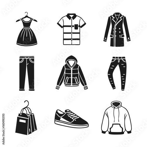 Minimalist Clothing Store Icon Collection | Editable Vector Icons Featuring Winter Coats, Sweatshirts, Jeans, and Wardrobe Essentials
