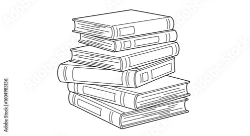 A stack of six hardcover books, rendered in black and white, neatly arranged.