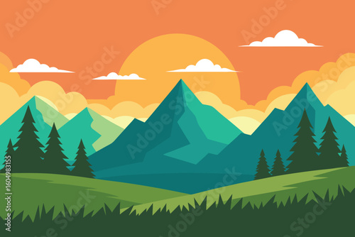 Flat Vector Mountain Landscape: Sunset, Trees, Nature Background Illustration