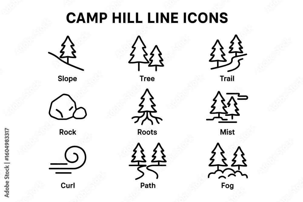 Naklejka premium Camp hill line icons: slope, tree, trail, rock, roots, mist, curl, path, fog
