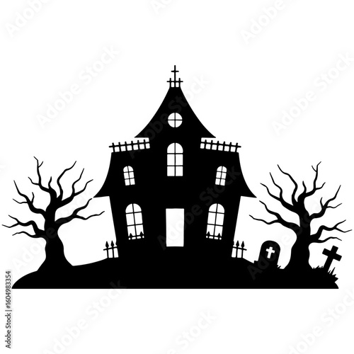 Spooky Haunted House Silhouette with Bare Trees and Tombstone