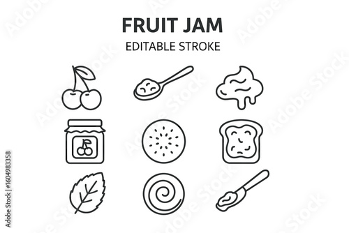 Fruit jam icons: spoon, jar, bread, spiral, leaf, cherries, texture