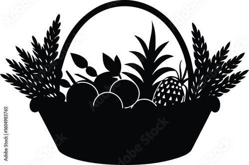 Silhouette of a bountiful fruit basket filled with oranges pineapple and wheat stalks for organic goodness vector art