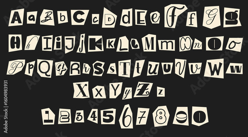 Set of monochrome anonymous font. Magazine cutout alphabet. Cuts from newspaper. Letters on pieces of paper in black and white colors. Retro grunge criminal alphabet set. For anonymous message