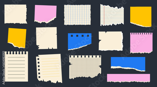 Set of colored torn or ripped paper sheet. Scrapbook edge, notebook tear, blank page split, stickers. Trendy elements for collage. Vector contemporary illustration. 