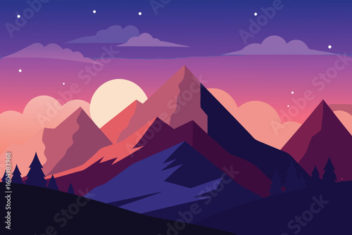 Minimalist Mountain Landscape at Sunset Vector Illustration Wallpaper Background