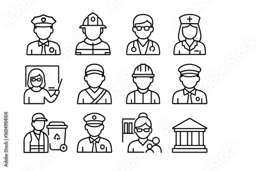 Outline icons of diverse professions including police, firefighter, doctor, teacher, and more