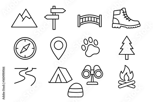 Outdoor adventure icons: compass, hiking, camping, mountain, fire